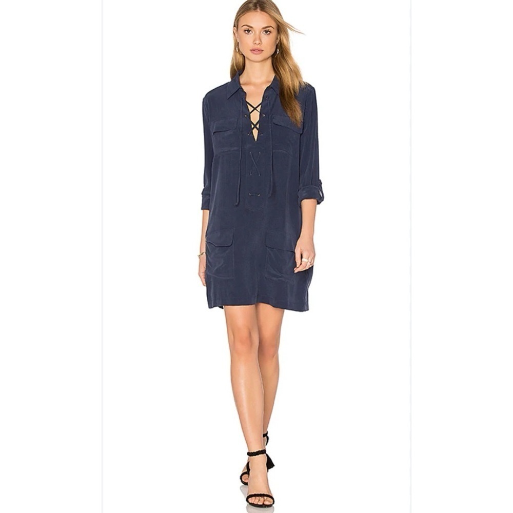 EQUIPMENT Knox Long Sleeve Lace Up Silk Dress in Peacoat Size Small